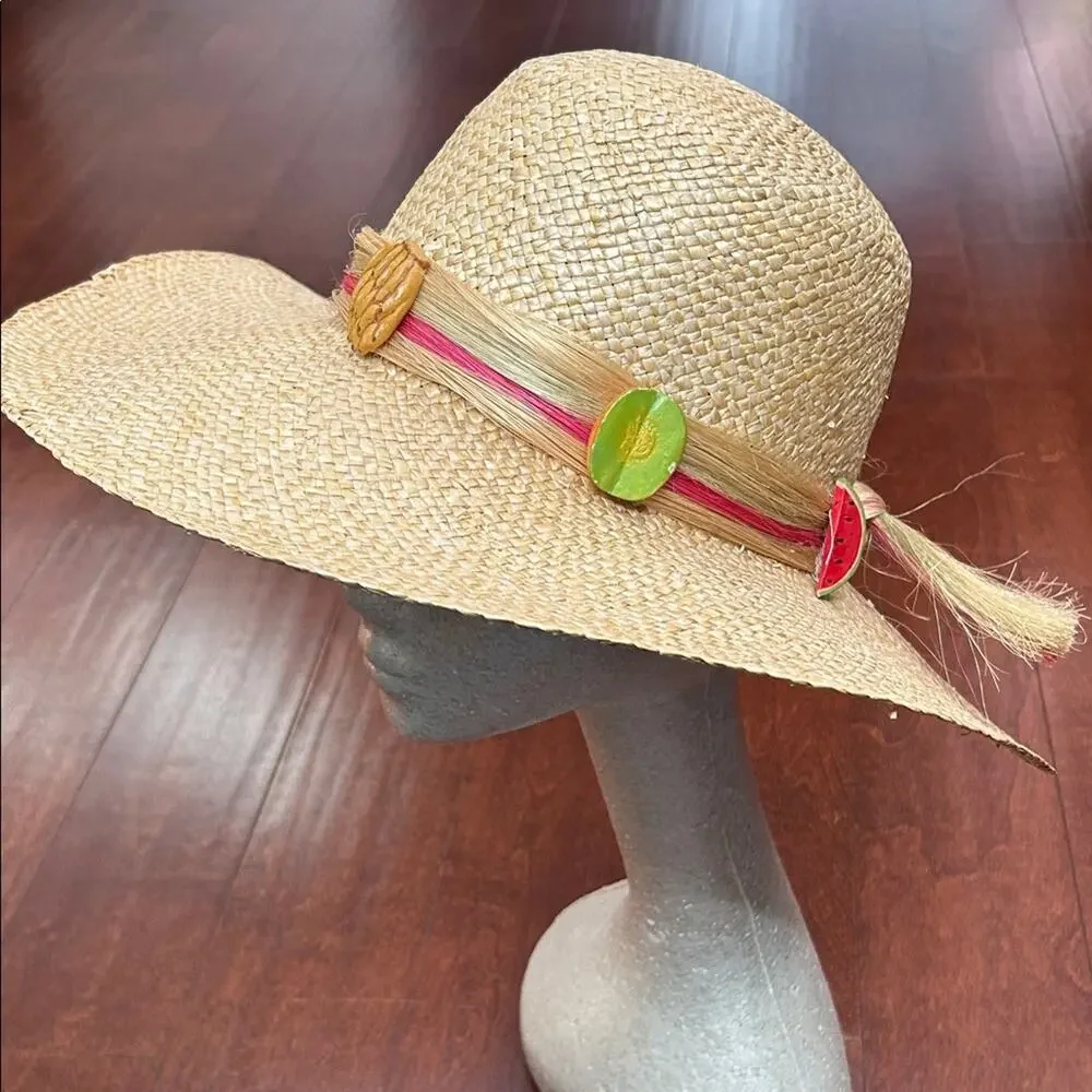 Woven Straw Hat with Fruit Details, Wide Brim Perfect for a Hot Day at the Beach